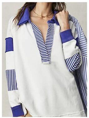 Free People We The Free Clean Prep Polo Pullover Top Oversized Striped L NWT!!